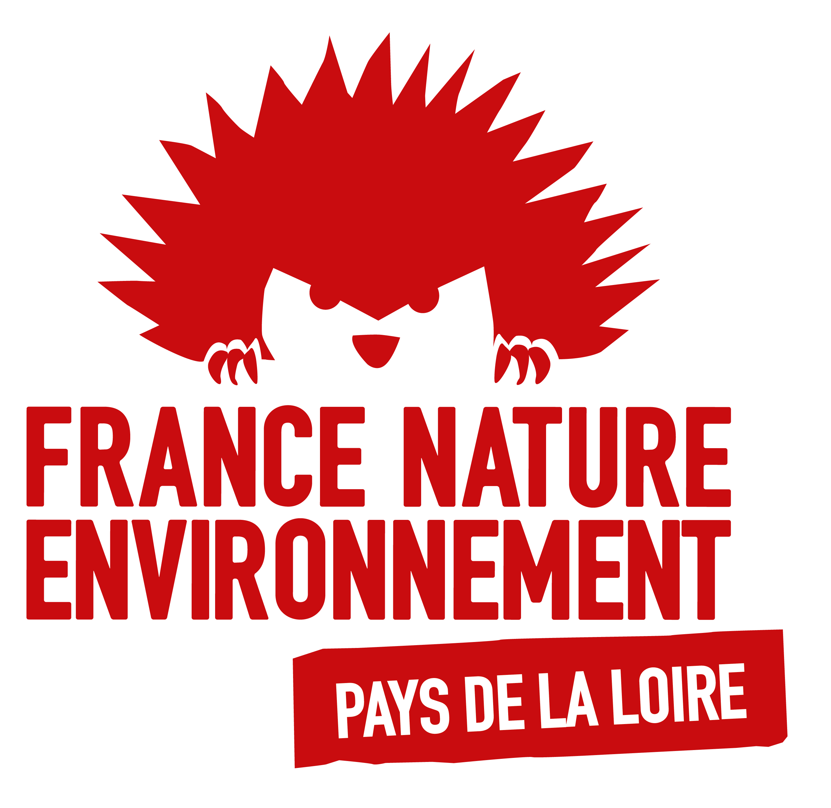 Logo rouge de FNE Pays de la Loire avec un hérisson de face qui montre les griffes.