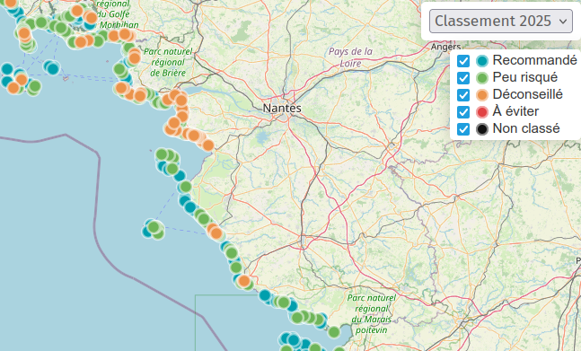 Carte macro 2025 du classement des plages en Pays de la Loire