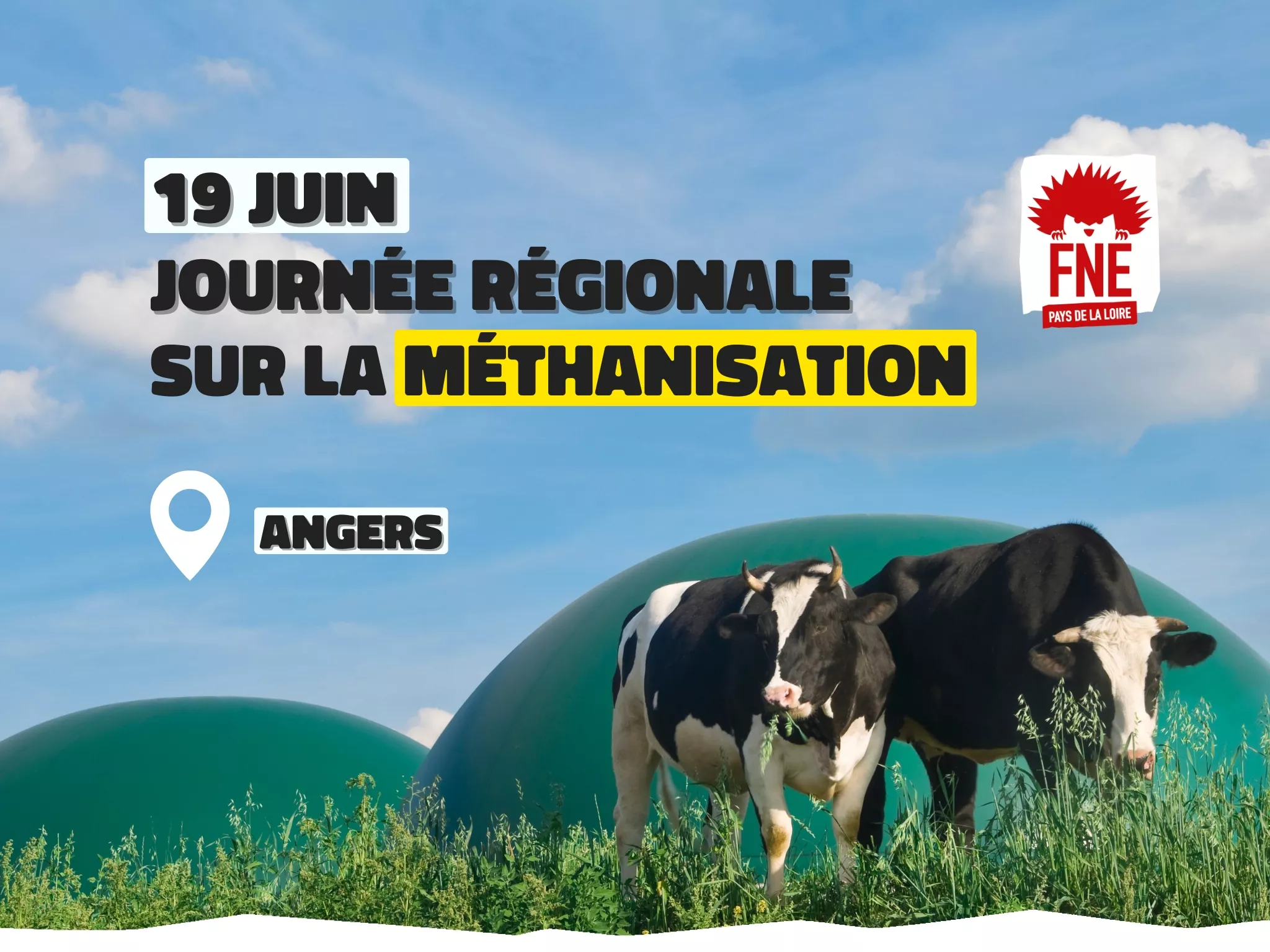 Photo de 2 vaches devant 2 domes de méthaniseur. 19 juin : Journée régionale sur la méthanisation. À Angers. Avec le logo de FNE Pays de la Loire.