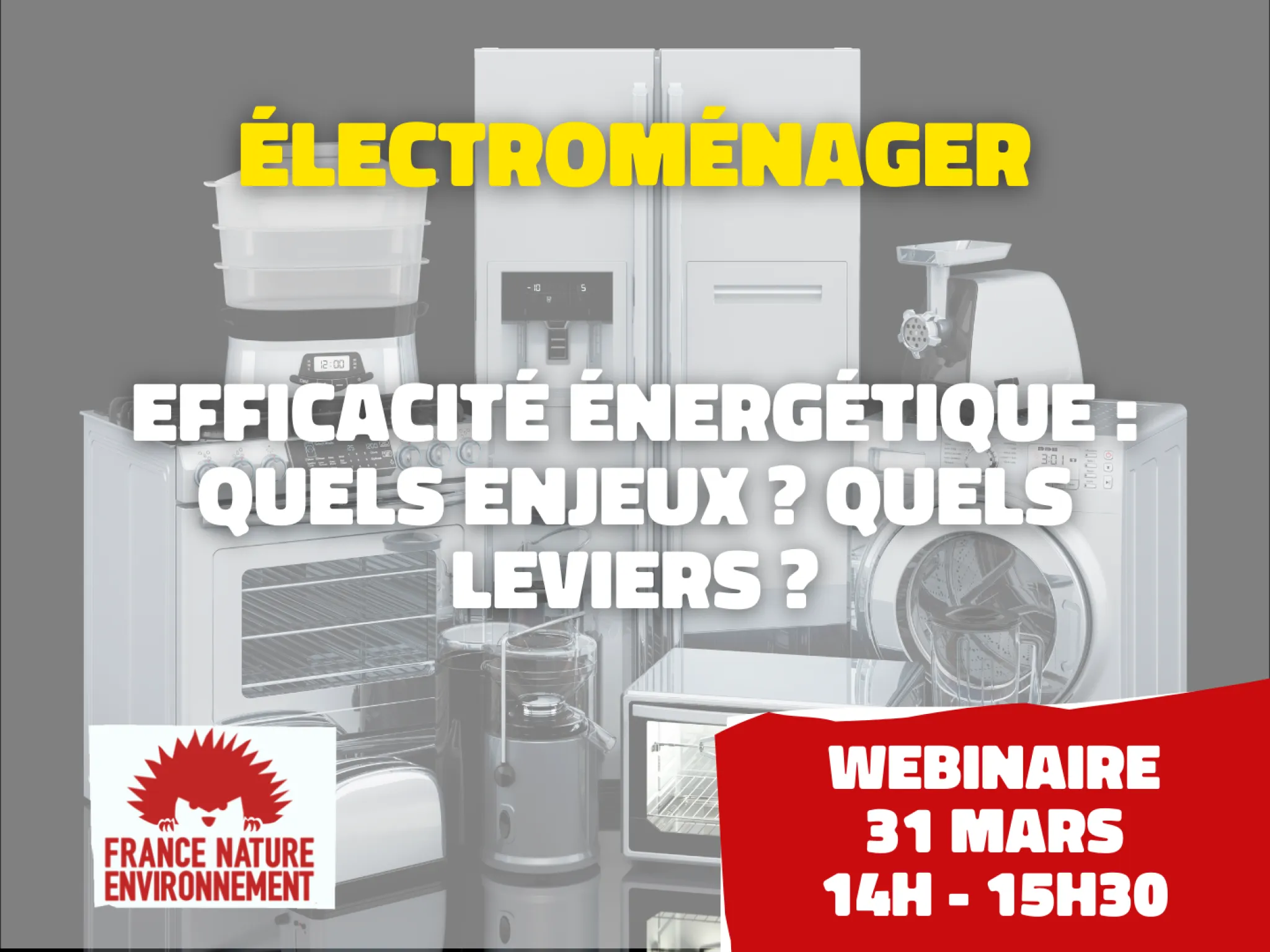 Titre du webinaire avec logo FNE et des équipements électroménagers en fond
