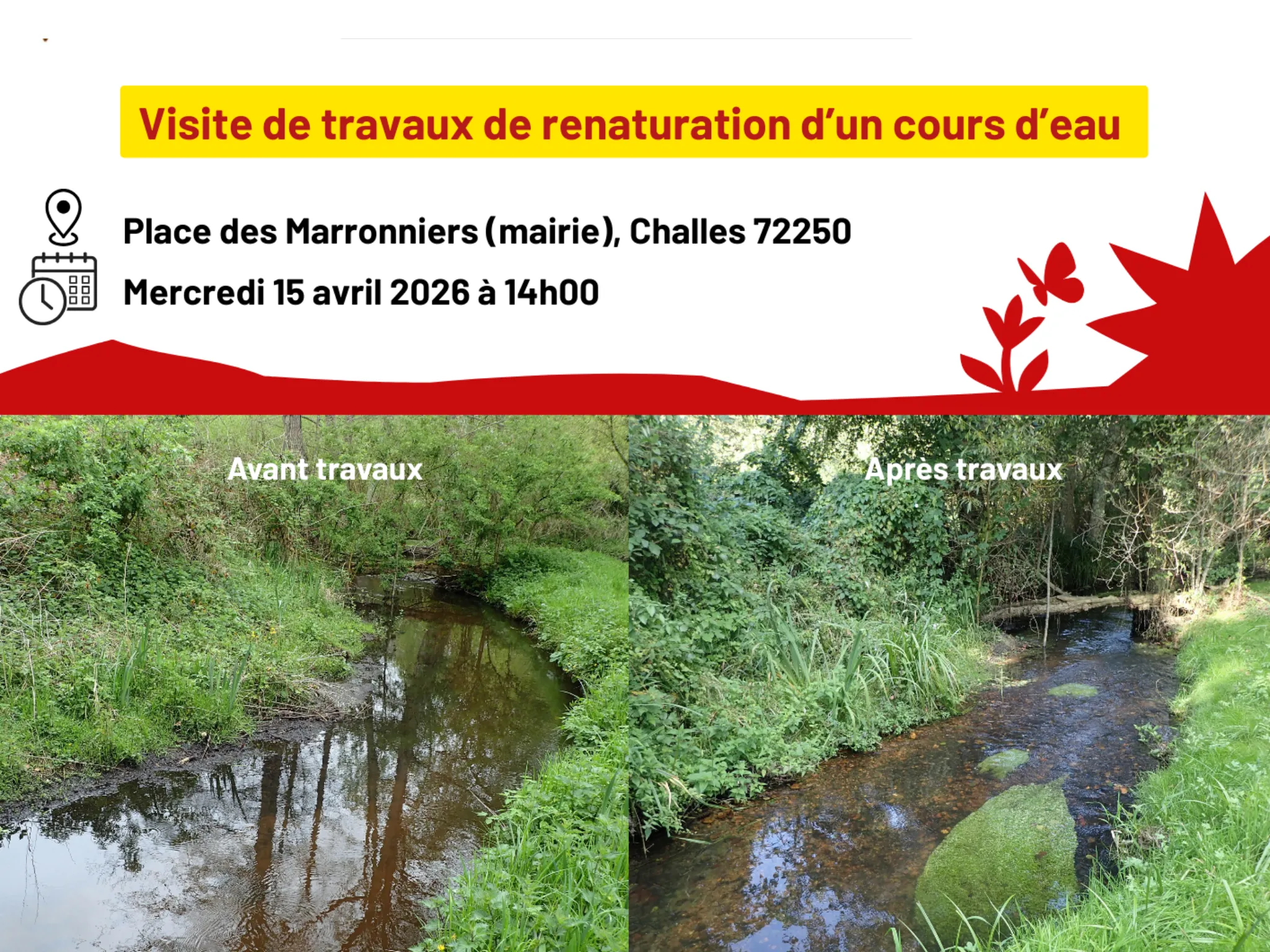 Visite de travaux de renaturation d'un cours d’eau - Challes (72)