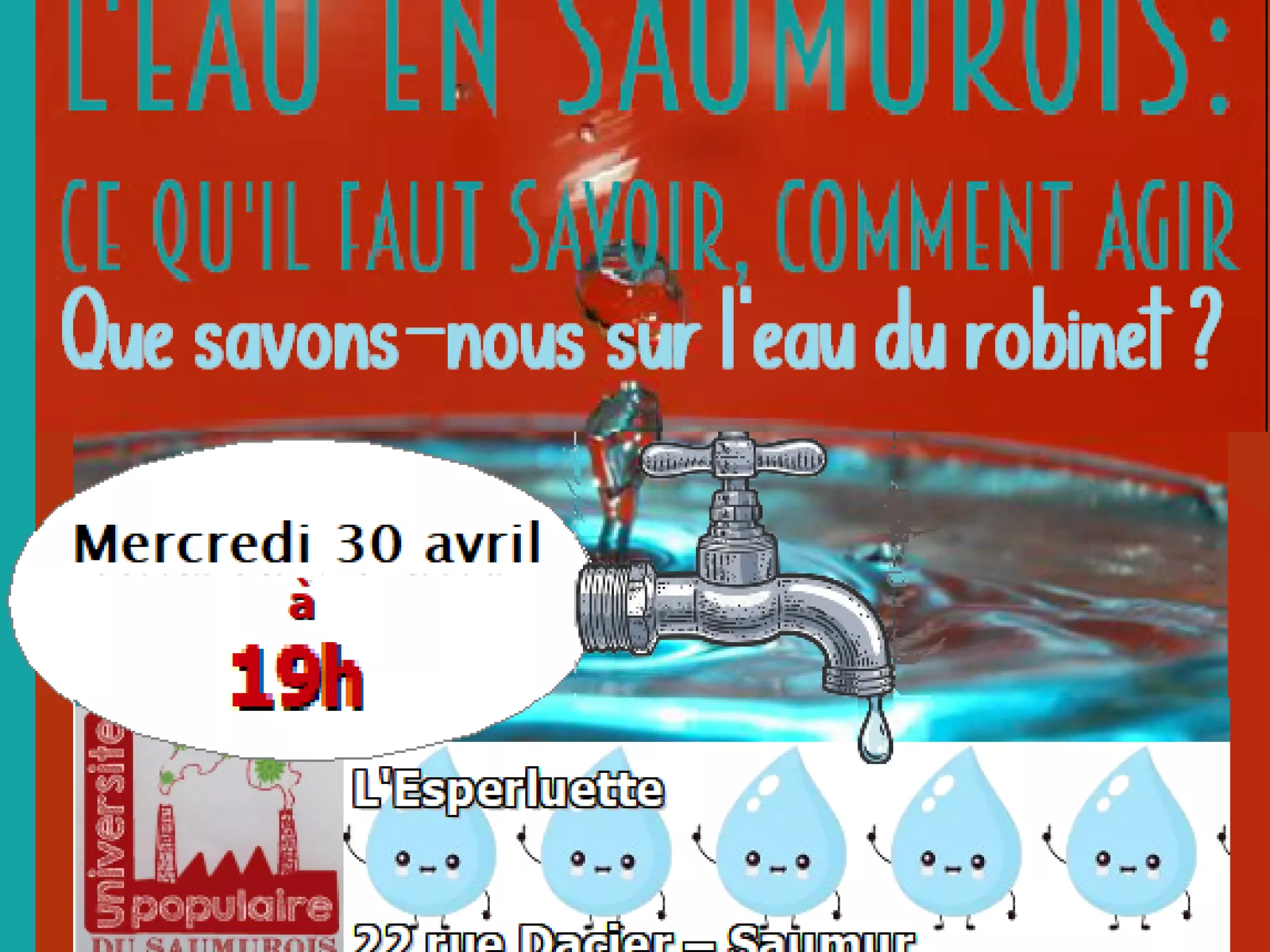affiche goutte d'eau bleu sur fond rouge
