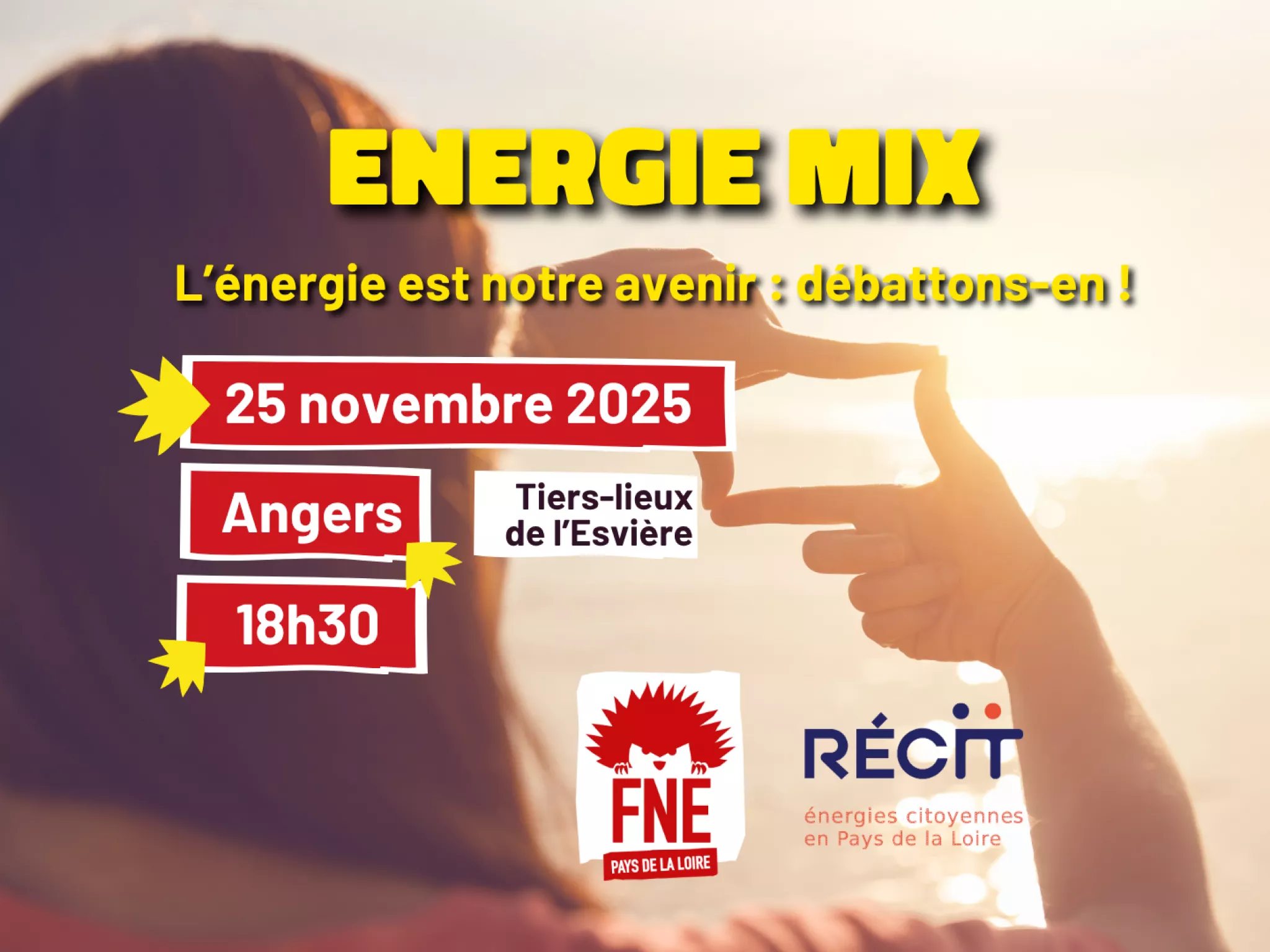 Personne regardant l'horizon et faisant un cadre avec ses doigts. Avec le logo de FNE Pays de la Loire et RÉCIT.