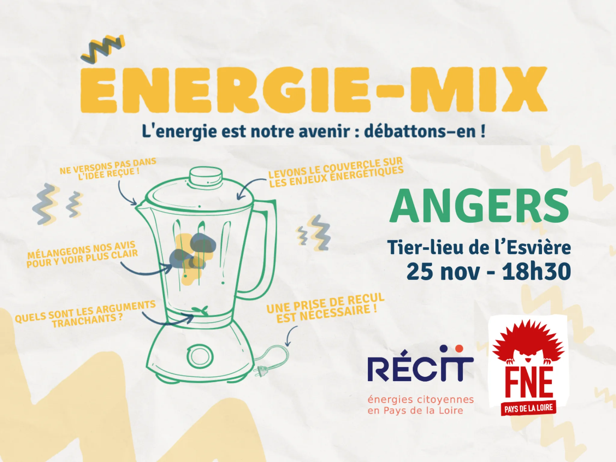 Affiche d'Energie-Mix avec un mixeur et les logos de RÉCIT et FNE Pays de la Loire