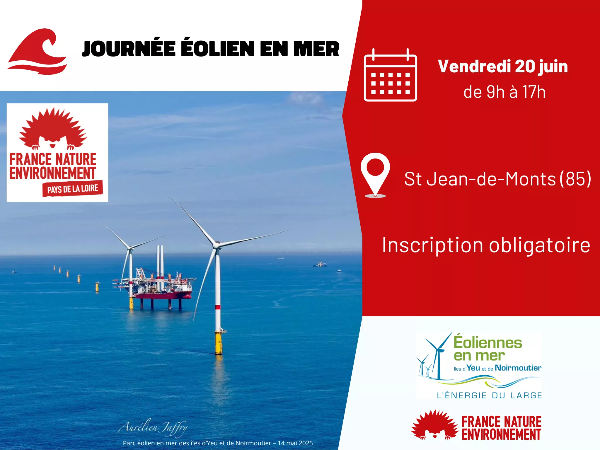 chantier de pose d'éolienne en mer : bateau et première éolienne du parc Yeu Noirmoutier