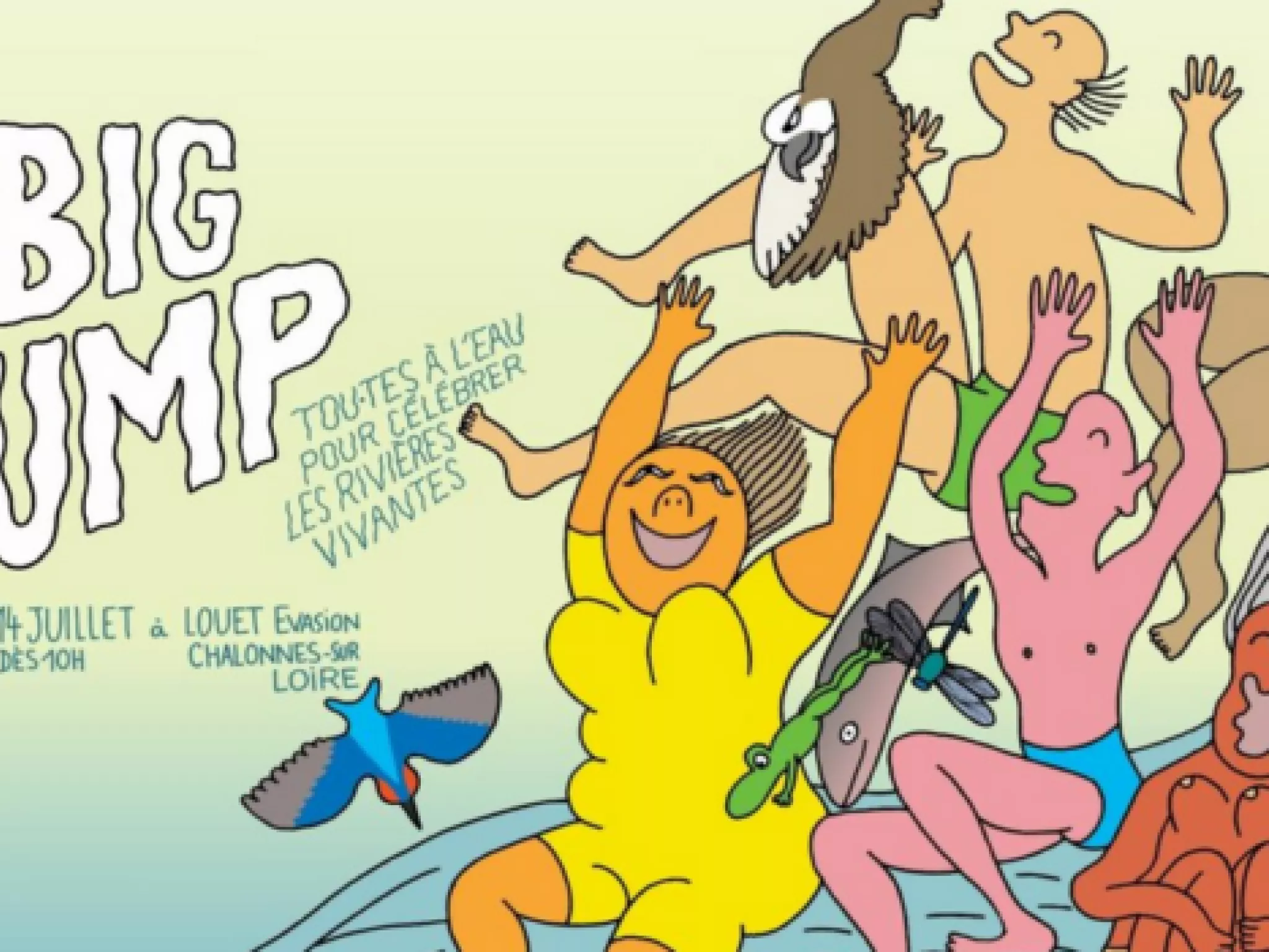 Affiche de l'évènement, personnes et animaux dessinés heureux de se jeter dans l'eau
