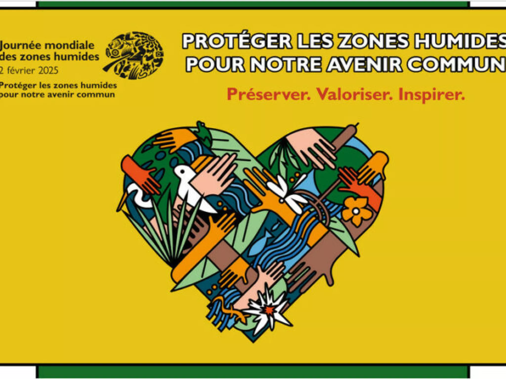 logo de la JMZH 2025 : coeur formé par les services ecosystémiques des zones humides