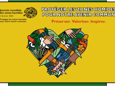 logo de la JMZH 2025 : coeur formé par les services ecosystémiques des zones humides