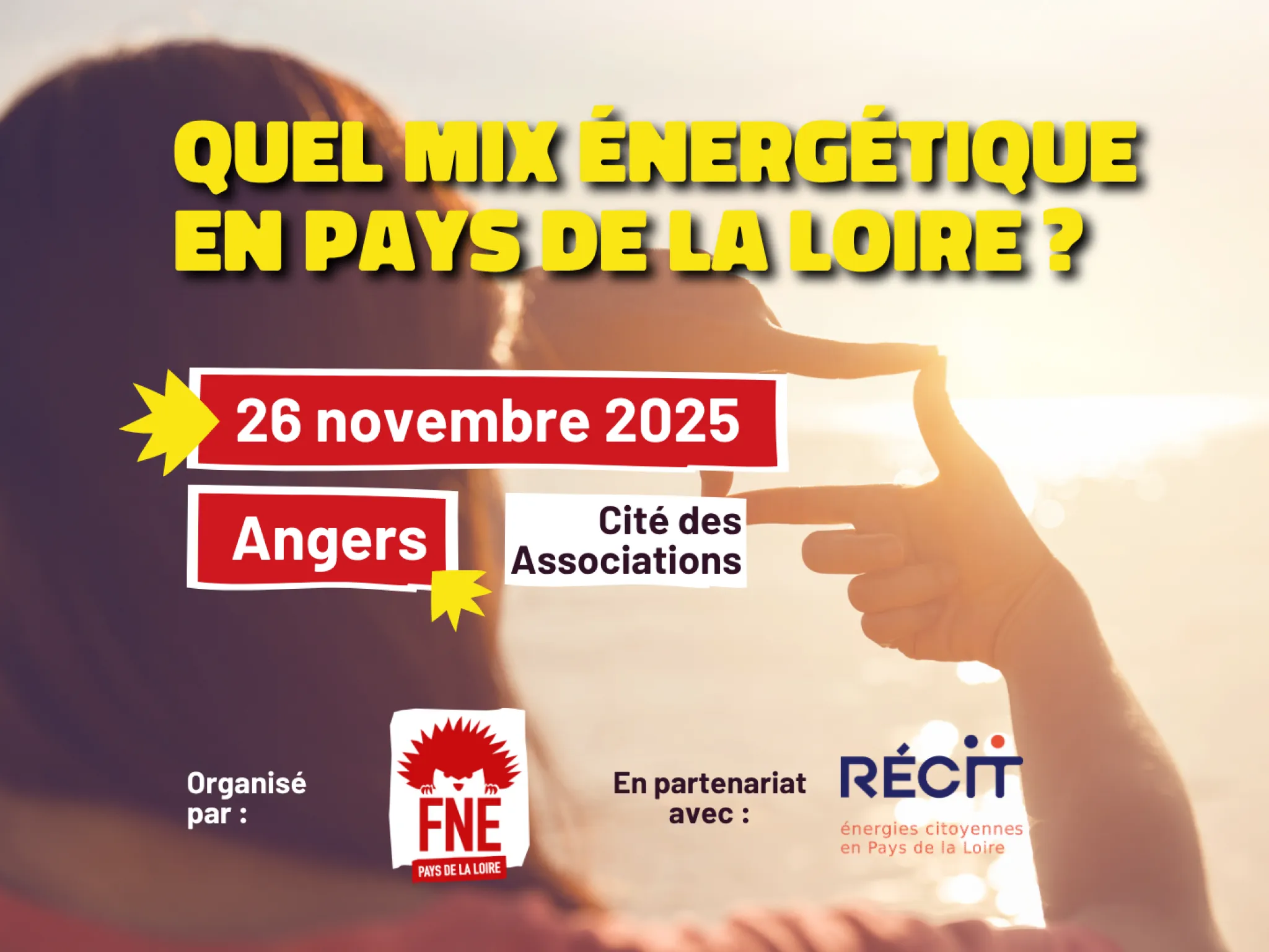 Personne regardant l'horizon et faisant un cadre avec ses doigts. Avec le logo de FNE Pays de la Loire et RÉCIT.